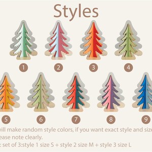 May include: A collection of nine numbered tree-shaped ornaments in various colour combinations. The text reads: Styles, I will make random style colours, if you want exact style and size, please note clearly. Ex: set of 3:style 1 size S + style 2 size M + style 3 size L.