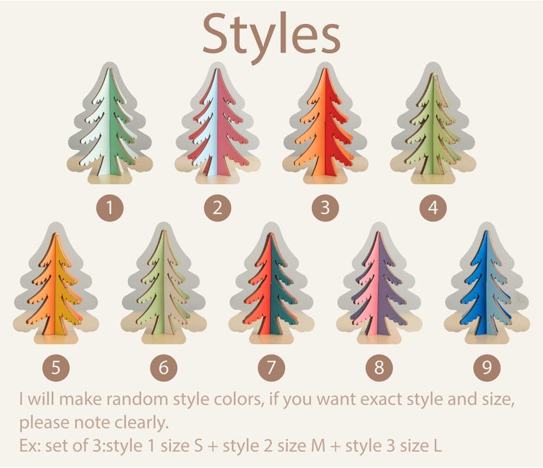 May include: A collection of nine numbered tree-shaped ornaments in various colour combinations. The text reads: Styles, I will make random style colours, if you want exact style and size, please note clearly. Ex: set of 3:style 1 size S + style 2 size M + style 3 size L.
