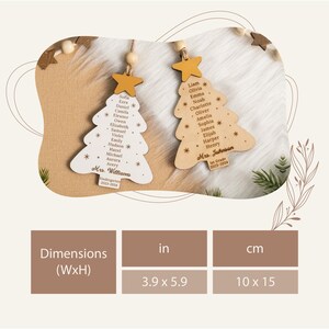May include: Two wooden Christmas tree ornaments with student names and the teacher's name. The ornaments are 3.9 inches wide by 5.9 inches tall.  The ornaments are on a white and brown surface.