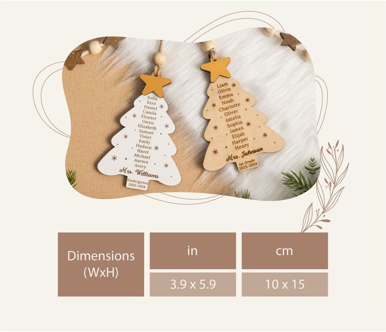 May include: Two wooden Christmas tree ornaments with student names and the teacher's name. The ornaments are 3.9 inches wide by 5.9 inches tall.  The ornaments are on a white and brown surface.