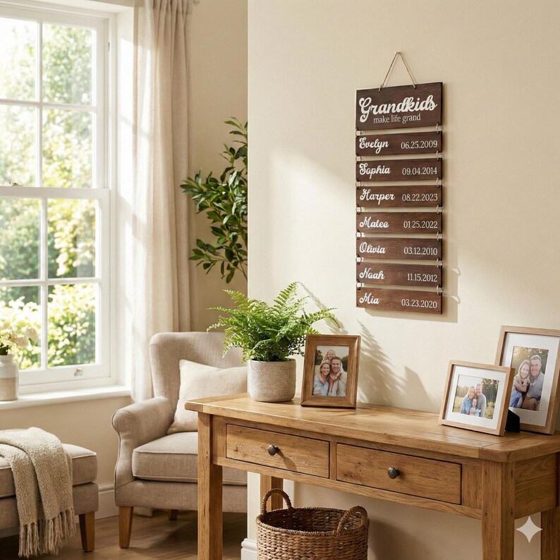 May include: A vertical wall hanging sign made of seven dark brown wooden planks connected by metal rings. The top plank reads "Grandkids make life grand" in white script. The six lower planks feature white names and dates: Evelyn 06.25.2009, Sophia 09.04.2014, Harper 08.22.2023, Mateo 01.25.2022, Olivia 03.12.2010, Noah 11.15.2012, and Mia 03.23.2020.