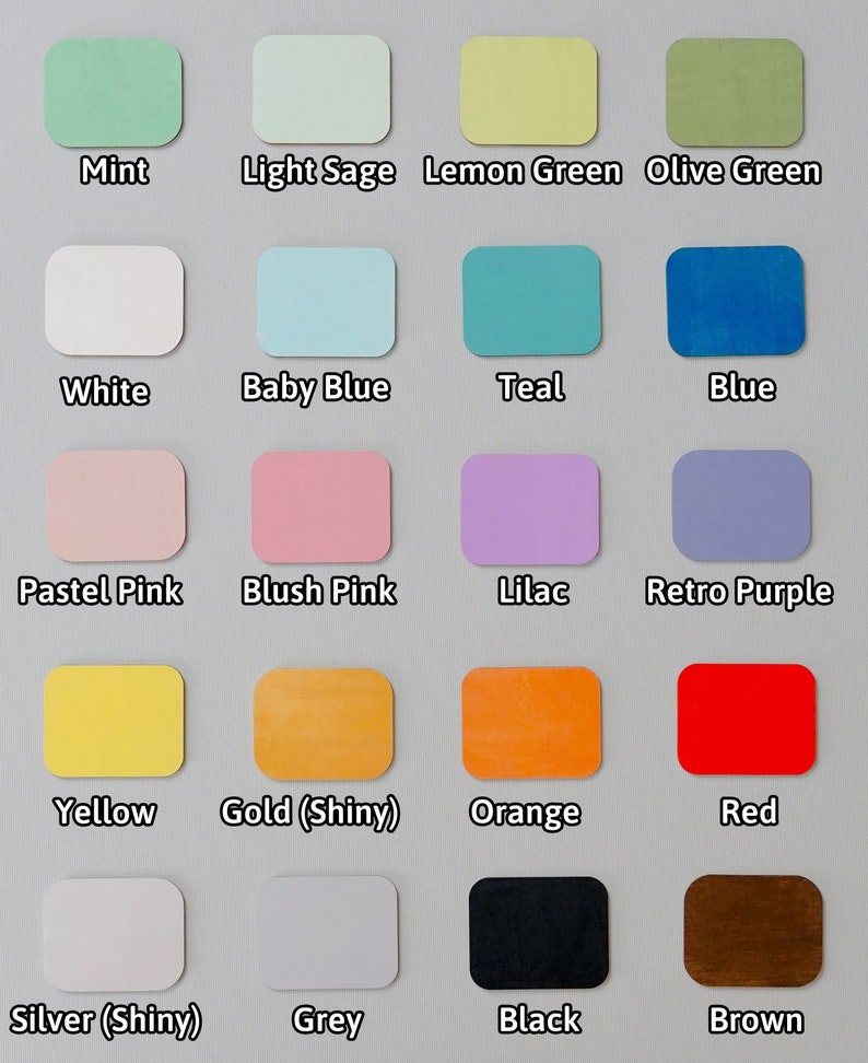 May include: A chart of 16 color swatches with the names of each color written below. The colors include mint, light sage, lemon green, olive green, white, baby blue, teal, blue, pastel pink, blush pink, lilac, retro purple, yellow, gold (shiny), orange, red, silver (shiny), grey, black, and brown.