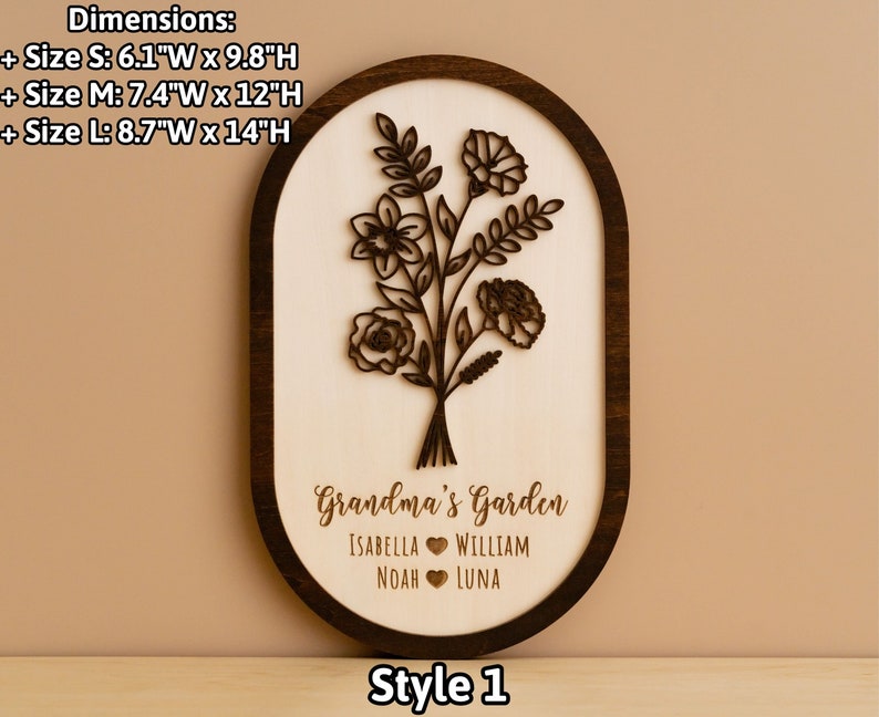 Personalized Birth Flower Sign, Gift For Nana, Layer Wood Art, Grandma Garden Sign, Wood Wall Art, With Children Names J34 Style 1