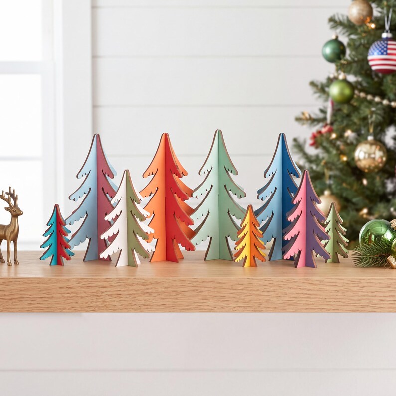 May include: A collection of ten freestanding wooden Christmas tree ornaments in various sizes and colours, including red, orange, light green, blue, and white. The trees feature a simple, flat, die-cut design with visible edges and a smooth finish.