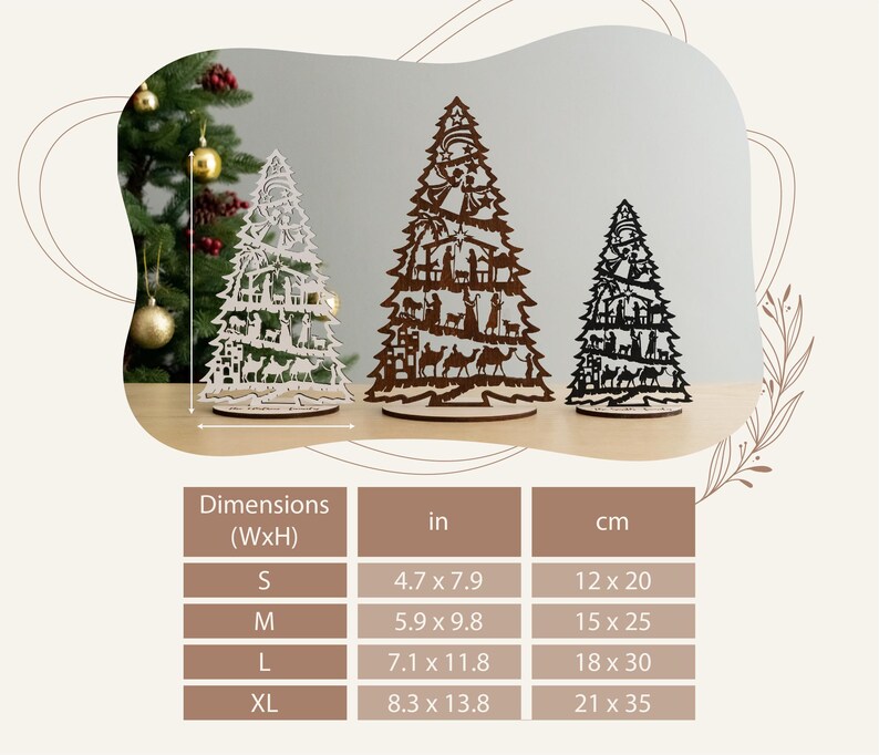 May include: Four wooden Christmas tree ornaments in different sizes, with a nativity scene design. The trees are in the colors brown and white, and are shown on a white surface. The sizes are labeled as S, M, L, and XL, with dimensions in inches and centimeters.