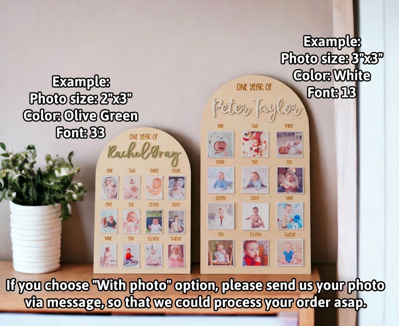 May include: Two wooden photo display boards with arched tops. Each board has 12 square spaces for photos. The boards are labeled "One Year of Rachel Gray" and "One Year of Peter Taylor".
