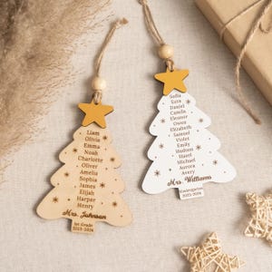 May include: Two wooden Christmas tree ornaments with student names and teacher names. The ornaments are decorated with a yellow star and snowflakes. The text on the ornaments reads "Mrs. Johnsan 1st Grade 2023-2024" and "Mrs. Williams Kindergarten 2023-2024".