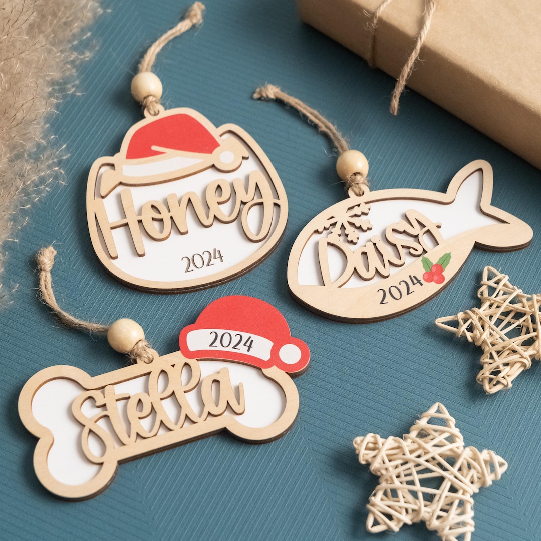 Pet Name Ornament, Dog Dad Gift, Wooden Ornament, Personalized Cat, Dog