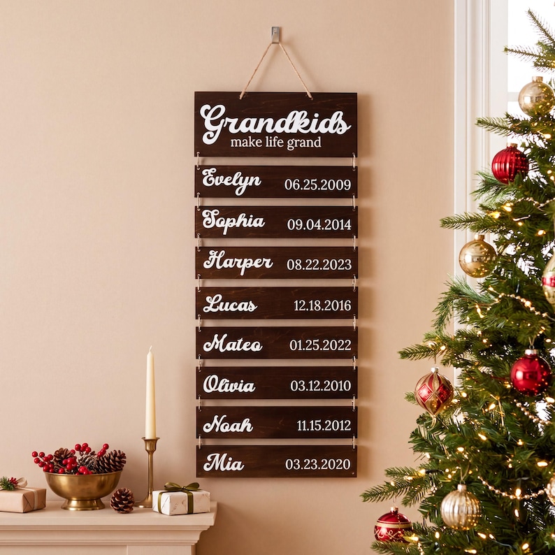 May include: A vertical wooden wall sign with a dark brown finish, featuring the white text "Grandkids make life grand" at the top. Below, eight individual wooden slats are connected by twine, each displaying a name and a date in white script.
