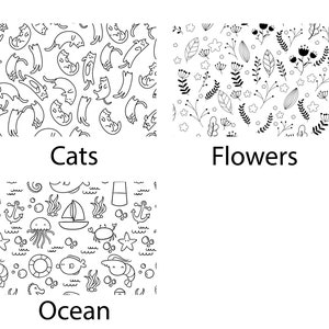 Puede incluir: Un conjunto de tres patrones en blanco y negro con ilustraciones de l&iacute;neas. La primera secci&oacute;n muestra gatos, la segunda muestra varias flores y hojas, y la tercera representa elementos oce&aacute;nicos como anclas, peces y medusas con etiquetas.