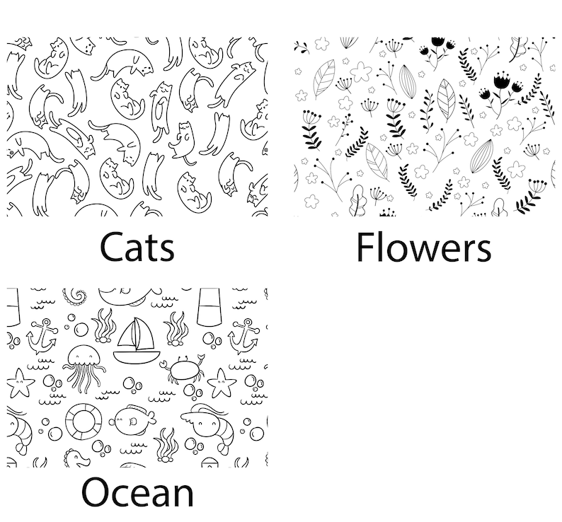 Puede incluir: Un conjunto de tres patrones en blanco y negro con ilustraciones de l&iacute;neas. La primera secci&oacute;n muestra gatos, la segunda muestra varias flores y hojas, y la tercera representa elementos oce&aacute;nicos como anclas, peces y medusas con etiquetas.