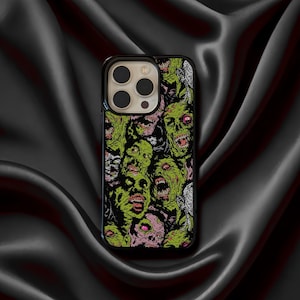 Étui pour iPhone Zombie Horror, Art grunge avec des morts-vivants, motif tête de mort vert effrayant, compatible MagSafe, MC043
