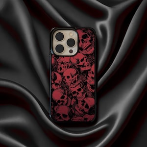 Coque iPhone tête de mort rouge, coque de téléphone art gothique horreur, squelette grunge foncé, esthétique punk alternative, compatible MagSafe, MC045