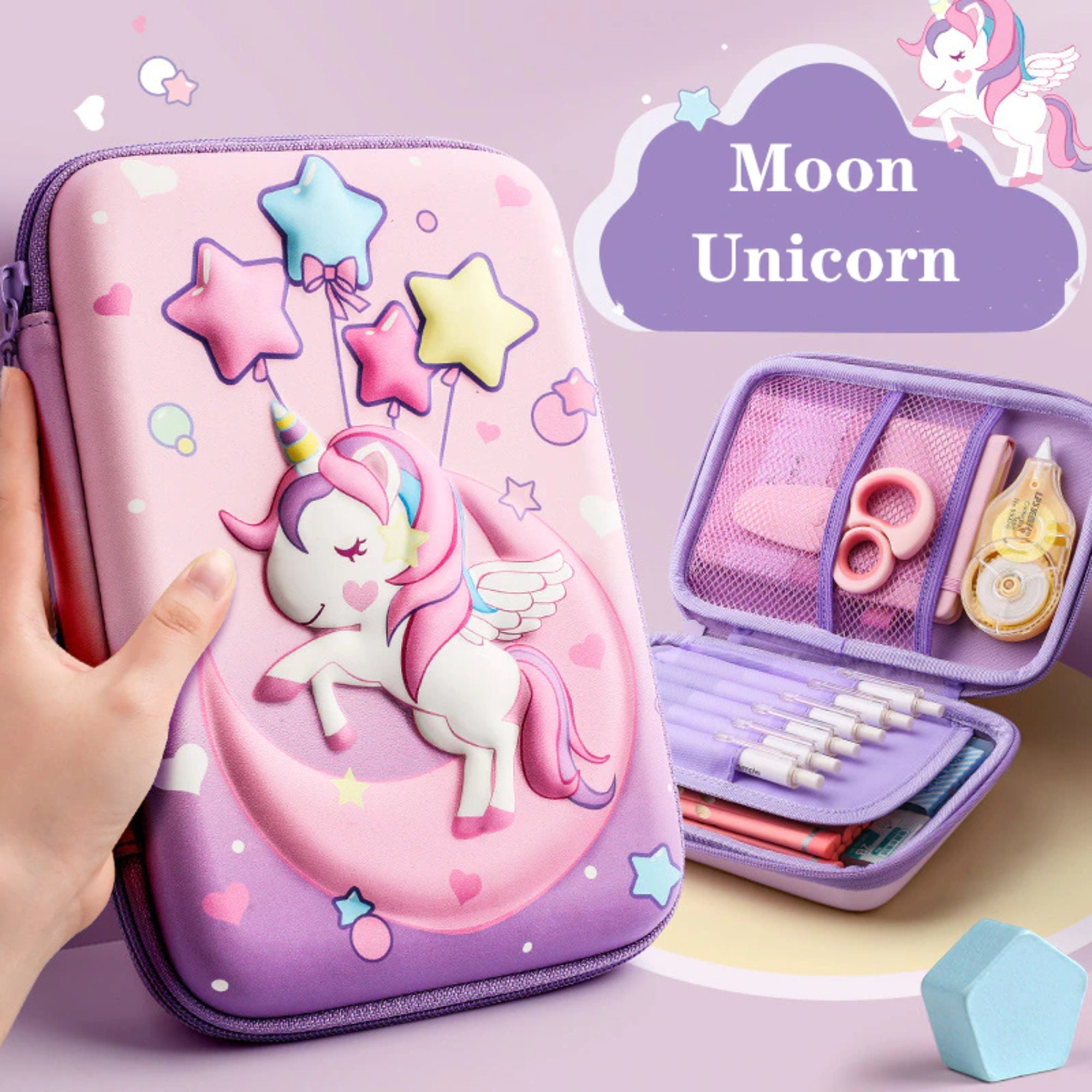 Marigold Cute Unicorn Pencil Case- Pen Holder Box With Pouch Bag Stationery  Organizer, Cute Pencil Bag with Metal Zipper - Purple