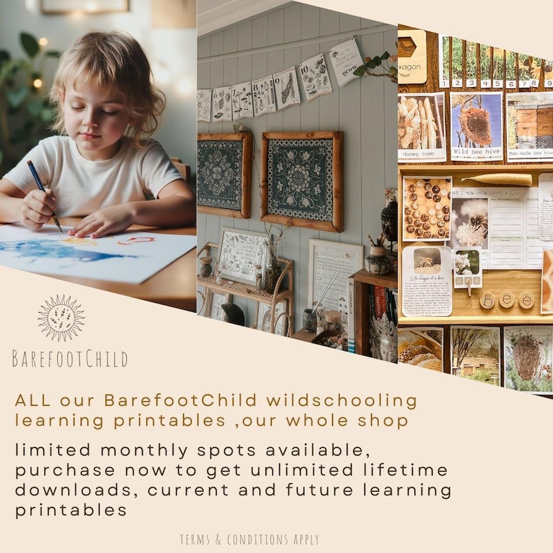 Może przedstawiać: Dziecko rysuje na papierze, z widocznym logo BarefootChild. Obraz przedstawia materiały edukacyjne do druku, w tym ekspozycję o tematyce pszcz&oacute;ł, oraz tekst "ALL our BarefootChild wildschooling learning printables, our whole shop".