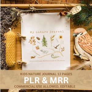 Op de afbeelding: Een printbaar natuurdagboek voor kinderen met 12 pagina's. De omslag heeft een handgetekend ontwerp van een vogel, bladeren en een varen. De tekst op de omslag is "My nature journal" en "Observations, Reflections & Studies".