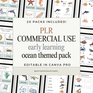May include: An educational ocean-themed pack with flashcards and spelling exercises. The pack includes various sea creatures like fish, dolphins, and turtles. The text on the image reads "PLR COMMERCIAL USE early learning ocean themed pack".