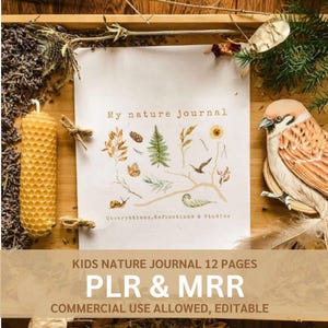 May include: A nature journal with the text "My nature journal" and illustrations of plants and animals. A yellow beeswax candle and a decorative bird are also present. The journal is on a wooden tray with dried lavender.