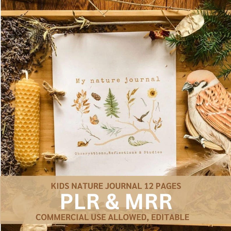 May include: A nature journal with the text "My nature journal" and illustrations of plants and animals. A yellow beeswax candle and a decorative bird are also present. The journal is on a wooden tray with dried lavender.