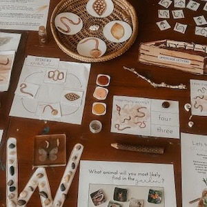 Op de afbeelding: Een tafel met een verscheidenheid aan educatief materiaal voor kinderen, waaronder een houten doos met de woorden "hoofdletters" erop, een set kaarten met letters erop en een werkblad met de woorden "hoeveel wormen?" en de nummers één tot en met vijf. Er zijn ook verschillende kleine containers met verschillende gekleurde vloeistoffen en een houten stok.