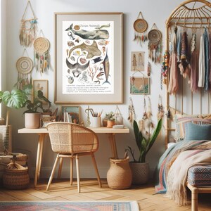 May include: A framed print of an ocean animal illustration with a white background. The print features a variety of sea creatures, including a whale, a shark, a stingray, a seahorse, and a starfish. The title of the print is "Ocean Animals".
