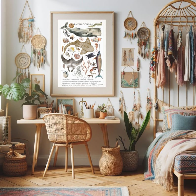 May include: A framed print of an ocean animal illustration with a white background. The print features a variety of sea creatures, including a whale, a shark, a stingray, a seahorse, and a starfish. The title of the print is "Ocean Animals".