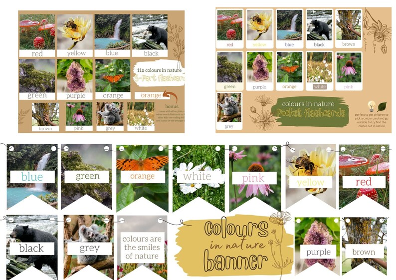 Op de afbeelding: Een kleurrijk spandoek met de tekst "kleuren in de natuur banner" en afbeeldingen van de natuur in verschillende kleuren, waaronder rood, geel, blauw, zwart, groen, paars, oranje, wit, roze en bruin. De banner is perfect voor een klaslokaal of een speelkamer.