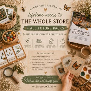 Może przedstawiać: Reklama zasob&oacute;w edukacyjnych o tematyce przyrodniczej. Obraz przedstawia książkę, fiszki, drewniane zabawki i tekst &bdquo;dożywotni dostęp do całego sklepu&rdquo;. Paleta kolor&oacute;w jest miękka, z odcieniami beżu, brązu i zieleni.