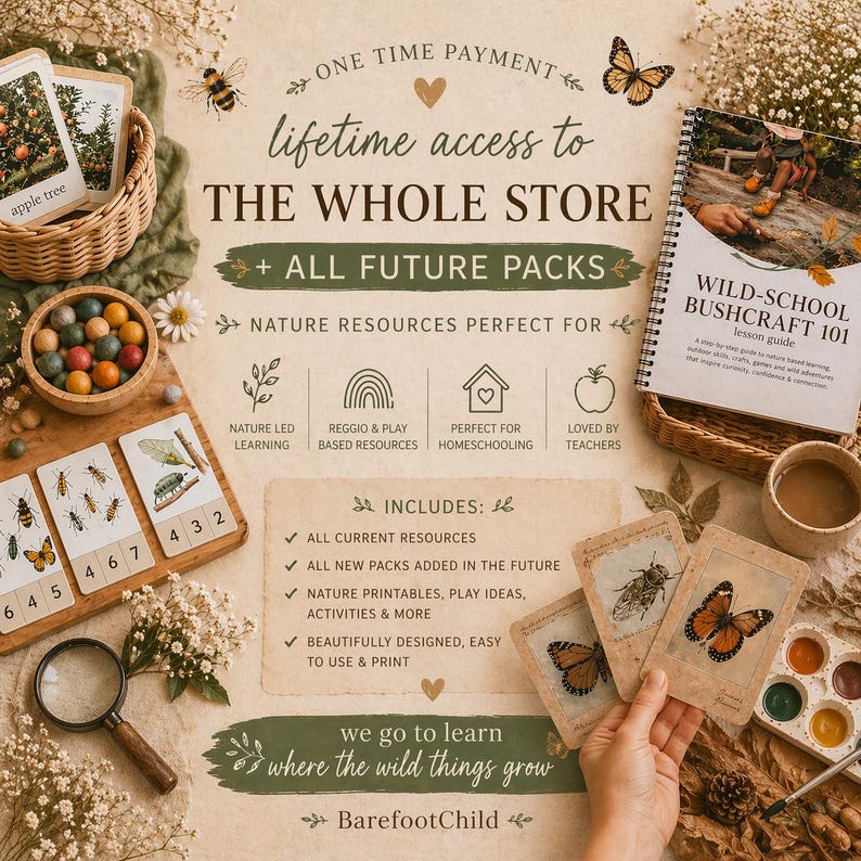 Może przedstawiać: Reklama zasob&oacute;w edukacyjnych o tematyce przyrodniczej. Obraz przedstawia książkę, fiszki, drewniane zabawki i tekst &bdquo;dożywotni dostęp do całego sklepu&rdquo;. Paleta kolor&oacute;w jest miękka, z odcieniami beżu, brązu i zieleni.