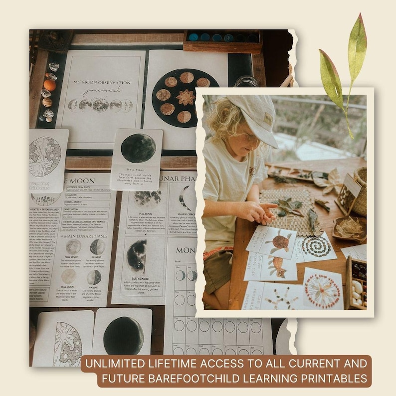 Może przedstawiać: Dziecko siedzi przy drewnianym stole, otoczone materiałami edukacyjnymi. Na wydrukach znajdują się ilustracje faz księżyca i innych ciał niebieskich. Tekst na wydrukach brzmi "My Moon Observation Journal" oraz "Unlimited Lifetime Access to All Current and Future Barefootchild Learning Printables."