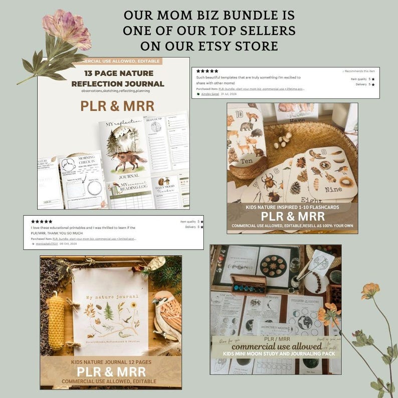May include: An Etsy listing image showcasing a bundle of printable educational resources. The image includes a nature reflection journal, flashcards, and a moon study pack. Text includes "PLR & MRR" and "commercial use allowed."