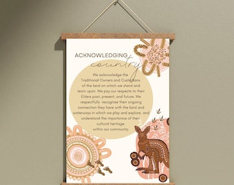 May include: A printable poster with an Aboriginal art design and text that reads "Acknowledging Country". The text explains the importance of acknowledging the Traditional Owners and Custodians of the land.