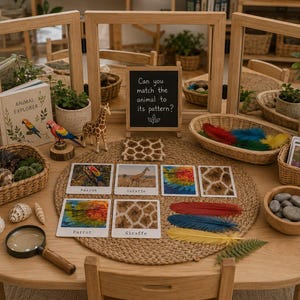 May include: An educational activity set featuring a chalkboard with the text Can you match the animal to its pattern?, animal-themed flashcards, a magnifying glass, colorful feathers, seashells, and small wicker baskets on a round woven mat.