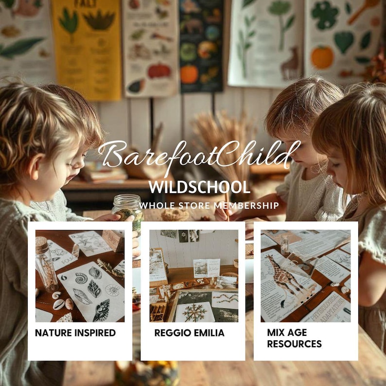 Może przedstawiać: Dzieci przeglądają materiały edukacyjne z tekstem "BarefootChild WILDSCHOOL". Obraz przedstawia trzy sekcje: "Nature Inspired", "Reggio Emilia" i "Mix Age Resources". Tło zawiera ilustracje botaniczne i słoik z suszonymi roślinami.