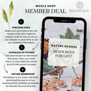 Może przedstawiać: Smartfon wyświetla grafikę o tematyce przyrodniczej z tekstem "NATURE SCHOOL RESOURCES FOR LIFE!". Obraz promuje ofertę dla członk&oacute;w całego sklepu z dożywotnim członkostwem dla materiał&oacute;w edukacyjnych do druku. Obraz zawiera r&oacute;wnież tekst o zakupie, pobieraniu i dożywotnim dostępie.