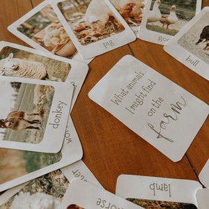 May include: A set of flashcards with images of farm animals, including a pig, a goose, a bull, a donkey, a lamb, and a horse. The cards are white with brown text and images. The text on the cards reads "What animals I might find on the farm".