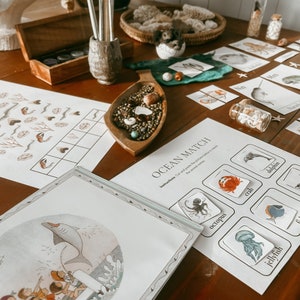 May include: A printable ocean animal matching game with instructions to cut and paste the pictures. The game includes images of a crab, octopus, jellyfish, dolphin, and a narwhal.