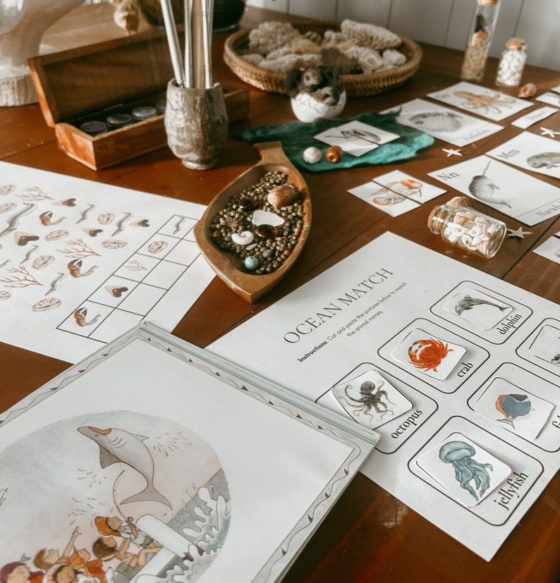 May include: A printable ocean animal matching game with instructions to cut and paste the pictures. The game includes images of a crab, octopus, jellyfish, dolphin, and a narwhal.
