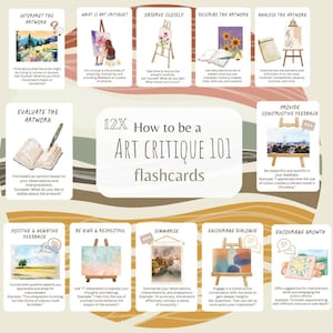 Könnte beinhalten: Ein Satz von 12 Karteikarten mit bunten Illustrationen und Text, betitelt "Wie man ein Kunstkritiker 101 wird". Die Karteikarten geben Tipps, wie man Kunstwerke interpretiert, analysiert, bewertet und konstruktives Feedback dazu gibt.