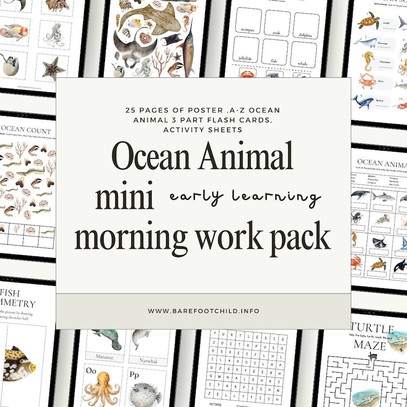 May include: A printable pack of 25 pages of ocean animal themed educational activities for early learners. The pack includes a poster, flash cards, activity sheets, and a maze. The text on the image reads "Ocean Animal mini early learning morning work pack".