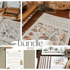 K&ouml;nnte beinhalten: Ein Bundle-Angebot f&uuml;r naturbezogene Lernmaterialien. Das Bundle beinhaltet ein Naturtagebuch mit Illustrationen verschiedener nat&uuml;rlicher Elemente, ein druckbares Poster mit dem Text "We are gatherers" und ein druckbares Poster mit dem Text "What is Mindfulness?"