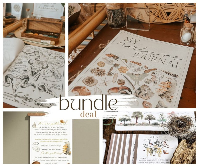 K&ouml;nnte beinhalten: Ein Bundle-Angebot f&uuml;r naturbezogene Lernmaterialien. Das Bundle beinhaltet ein Naturtagebuch mit Illustrationen verschiedener nat&uuml;rlicher Elemente, ein druckbares Poster mit dem Text "We are gatherers" und ein druckbares Poster mit dem Text "What is Mindfulness?"