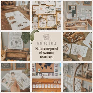 Może przedstawiać: Kolaż zasob&oacute;w do klasy inspirowanych naturą, w tym plakaty edukacyjne, fiszki i drewniane skrzynie do przechowywania. Obraz zawiera ilustracje owad&oacute;w, roślin i zwierząt, z tekstem "BAREFOOTCHILD Nature inspired classroom resources."