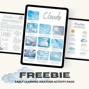 May include: A printable worksheet for early learners about different types of clouds. The worksheet features watercolor illustrations of various clouds, including cirrus, cumulus, altocumulus, altostratus, stratus, cumulonimbus, cirrocumulus, nimbostratus, stratocumulus, and cirrostratus. The worksheet also includes a weather activity where children can solve the letters to find the weather forecast.