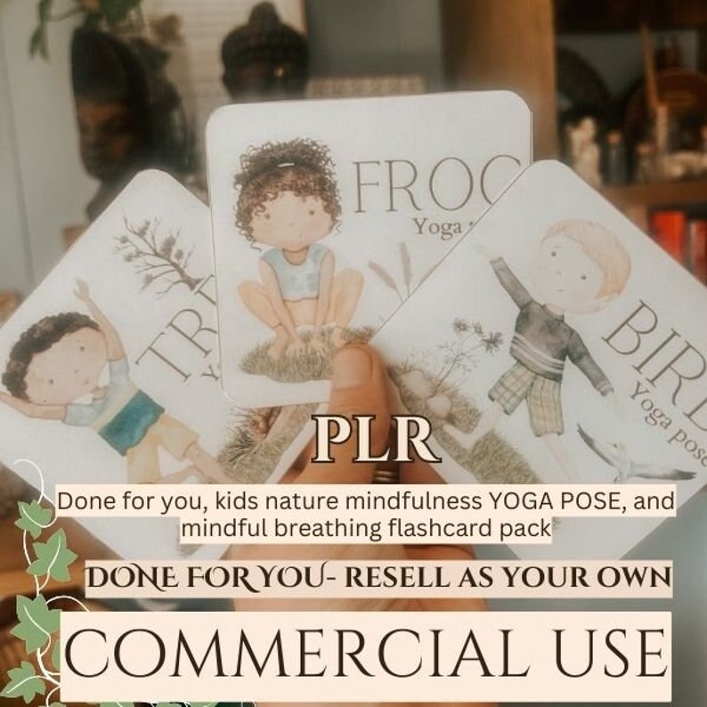 May include: A hand holds three illustrated flashcards with children demonstrating yoga poses. The cards feature the words "Frog," "Tree," and "Bird" with the text "Yoga pose." The cards are part of a "Done for you" pack for commercial use.