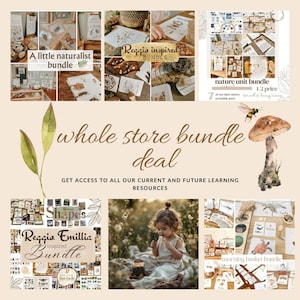 Może przedstawiać: Obraz promocyjny z r&oacute;żnymi pakietami edukacyjnymi. Obraz zawiera tekst &bdquo;whole store bundle deal&rdquo; i &bdquo;Reggio Emilia inspired bundle&rdquo;. Inne pakiety obejmują motywy przyrodnicze i naturalistyczne. Pokazano małe dziecko z lupą.
