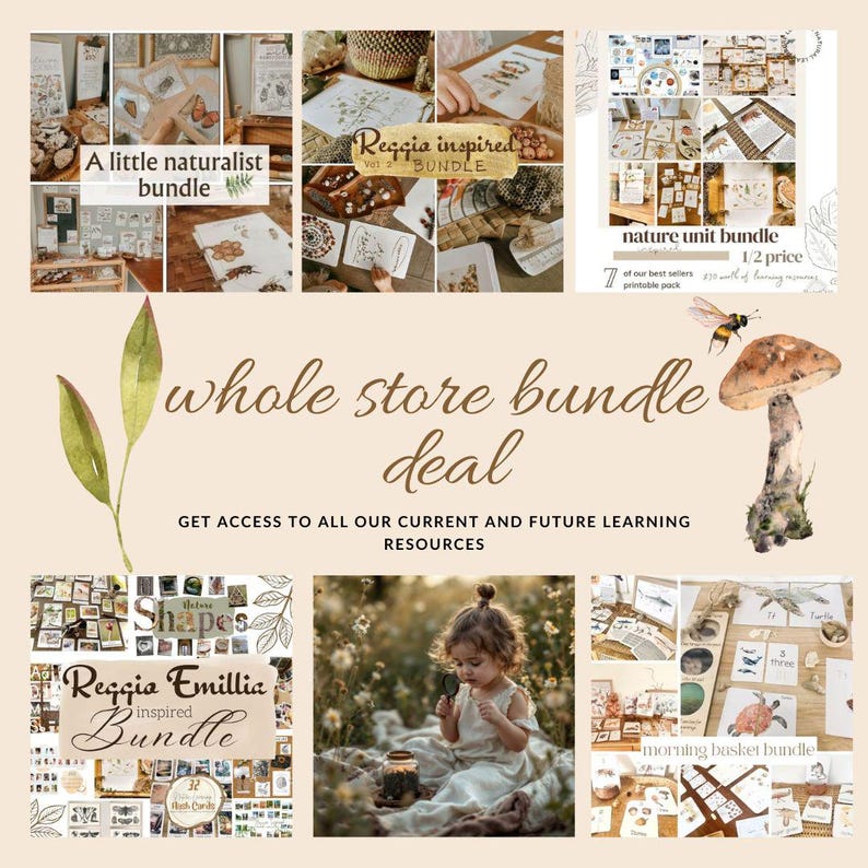 Może przedstawiać: Obraz promocyjny z r&oacute;żnymi pakietami edukacyjnymi. Obraz zawiera tekst &bdquo;whole store bundle deal&rdquo; i &bdquo;Reggio Emilia inspired bundle&rdquo;. Inne pakiety obejmują motywy przyrodnicze i naturalistyczne. Pokazano małe dziecko z lupą.