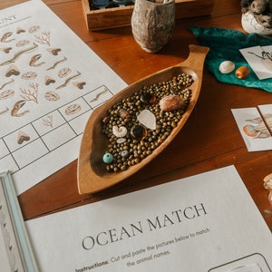 May include: A wooden leaf-shaped bowl filled with green beans, small shells, and glass beads. The bowl is on a wooden table next to a white sheet of paper with the text "OCEAN MATCH" and instructions to cut and paste pictures to match animal names.
