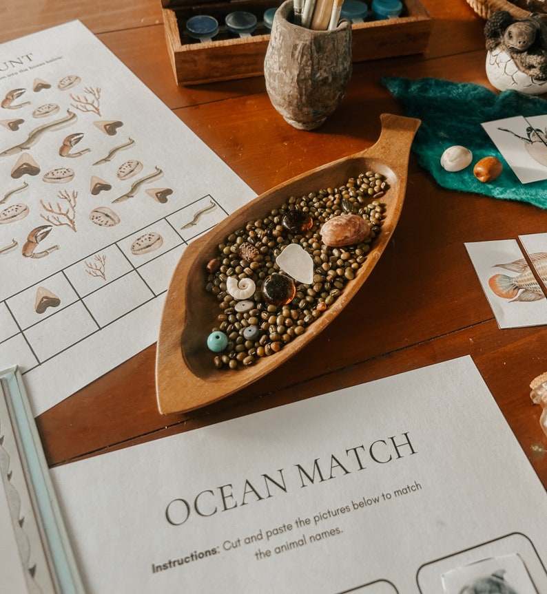 May include: A wooden leaf-shaped bowl filled with green beans, small shells, and glass beads. The bowl is on a wooden table next to a white sheet of paper with the text "OCEAN MATCH" and instructions to cut and paste pictures to match animal names.