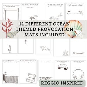 Pu&ograve; includere: Un set di 14 tappetini di provocazione a tema oceanico stampabili per bambini. Ogni tappetino presenta un'immagine diversa a tema oceanico e una domanda per stimolare la conversazione e l'apprendimento. I tappetini sono progettati per essere utilizzati in una classe ispirata a Reggio Emilia.